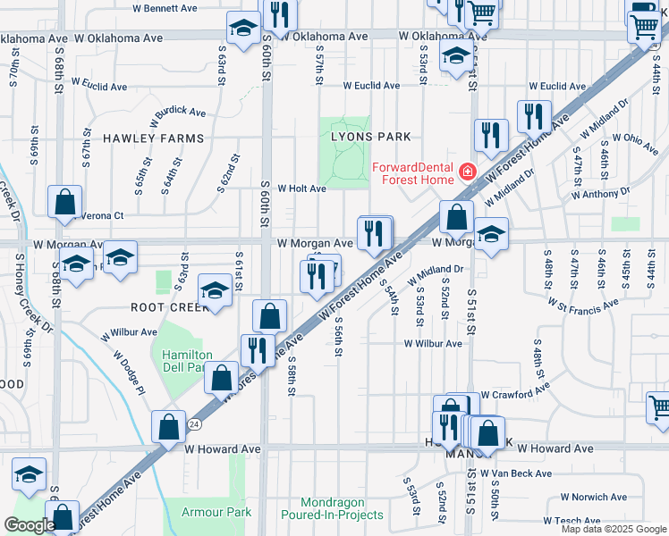 map of restaurants, bars, coffee shops, grocery stores, and more near 5544 West Forest Home Avenue in Greenfield