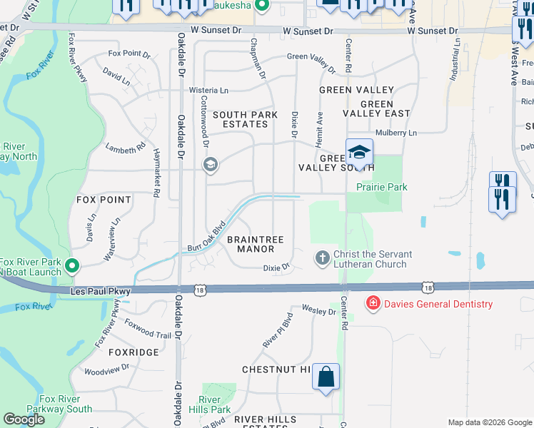 map of restaurants, bars, coffee shops, grocery stores, and more near 2024 Chapman Drive in Waukesha