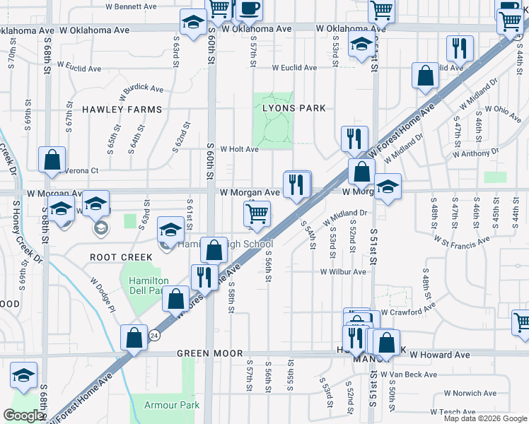 map of restaurants, bars, coffee shops, grocery stores, and more near 5609 West Morgan Avenue in Milwaukee