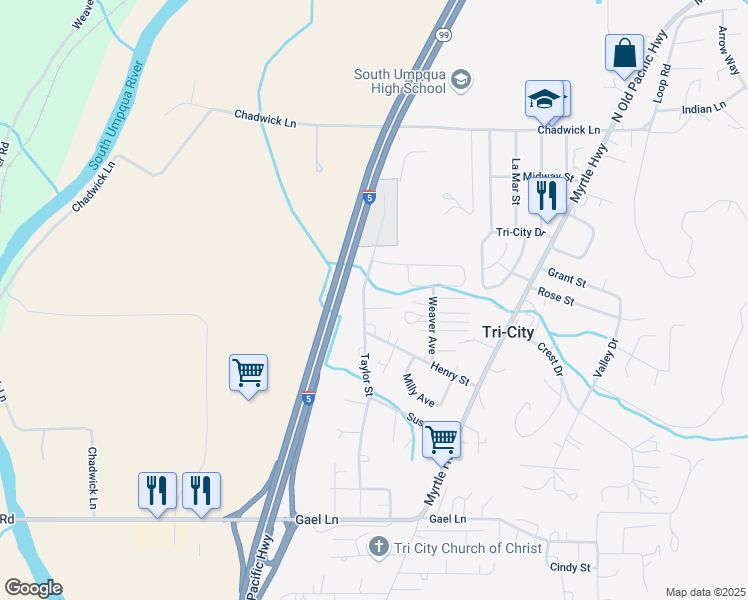map of restaurants, bars, coffee shops, grocery stores, and more near 135 Pamela Court in Myrtle Creek