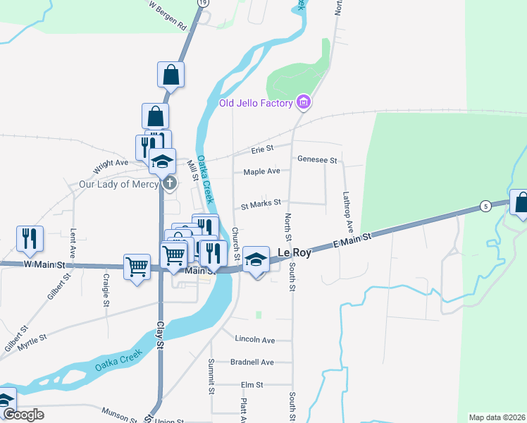 map of restaurants, bars, coffee shops, grocery stores, and more near 14 Church Street in Le Roy