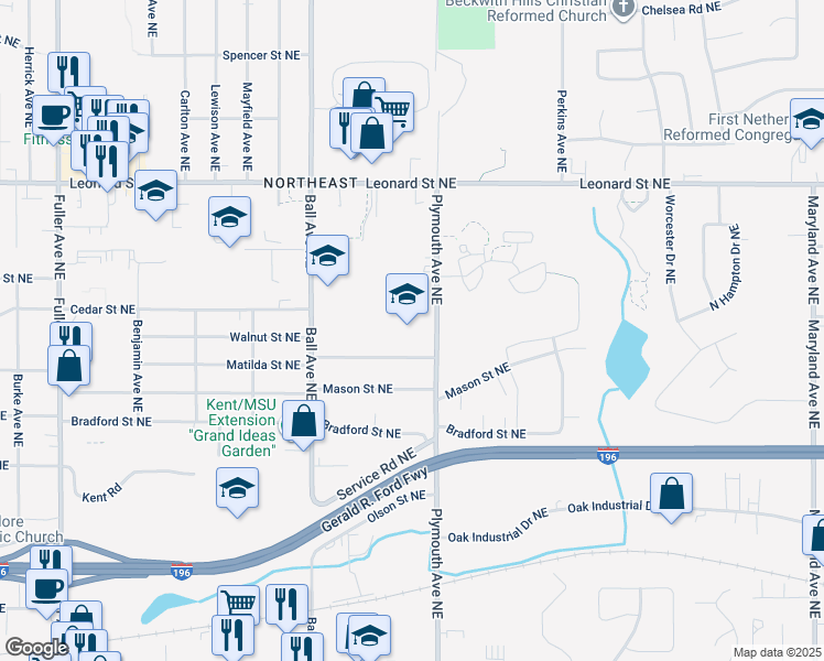 map of restaurants, bars, coffee shops, grocery stores, and more near 965 Plymouth Avenue Northeast in Grand Rapids