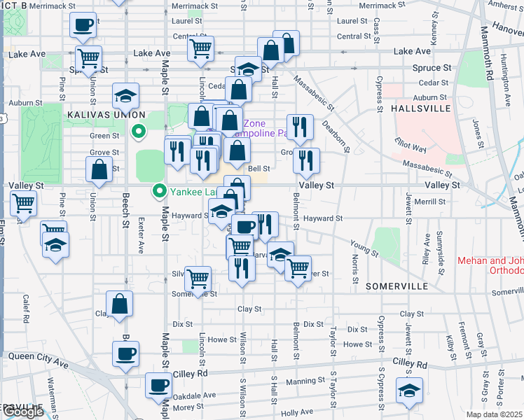 map of restaurants, bars, coffee shops, grocery stores, and more near 620 Hayward Street in Manchester