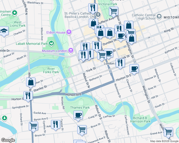 map of restaurants, bars, coffee shops, grocery stores, and more near 73 York Street in London