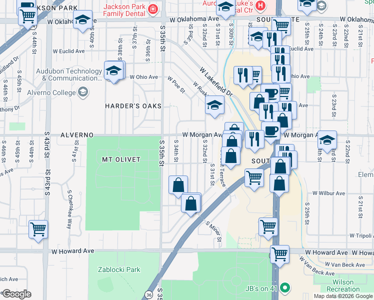 map of restaurants, bars, coffee shops, grocery stores, and more near 3233 West Morgan Avenue in Milwaukee