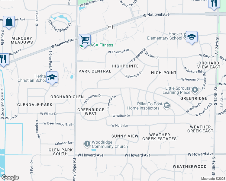 map of restaurants, bars, coffee shops, grocery stores, and more near 13525 Terrywood Court in New Berlin