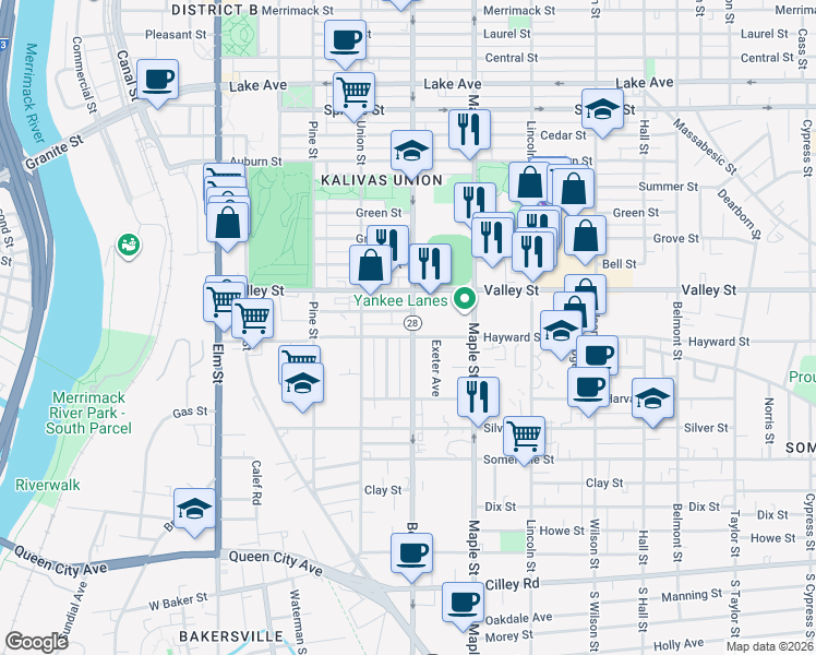 map of restaurants, bars, coffee shops, grocery stores, and more near 210 Beech Street in Manchester