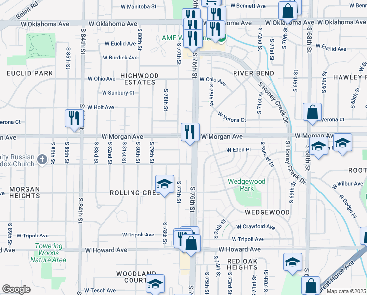 map of restaurants, bars, coffee shops, grocery stores, and more near 3534 South 77th Street in Milwaukee