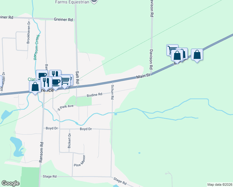 map of restaurants, bars, coffee shops, grocery stores, and more near 10885 Main Street in Clarence