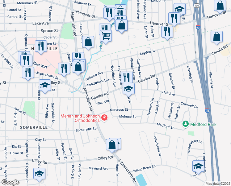 map of restaurants, bars, coffee shops, grocery stores, and more near 159 Candia Road in Manchester