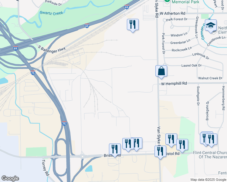 map of restaurants, bars, coffee shops, grocery stores, and more near 3248 Van Slyke Road in Flint