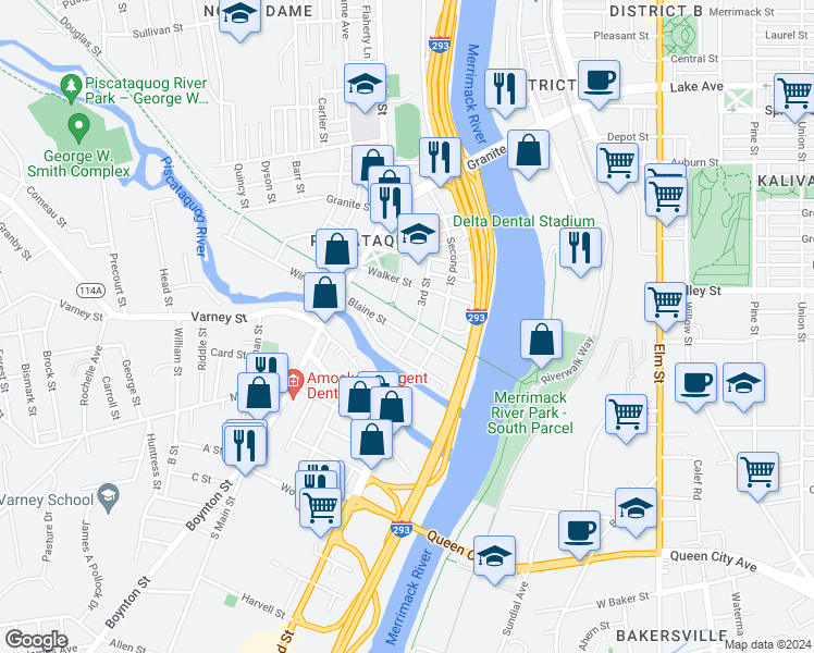 map of restaurants, bars, coffee shops, grocery stores, and more near 110 4th Street in Manchester