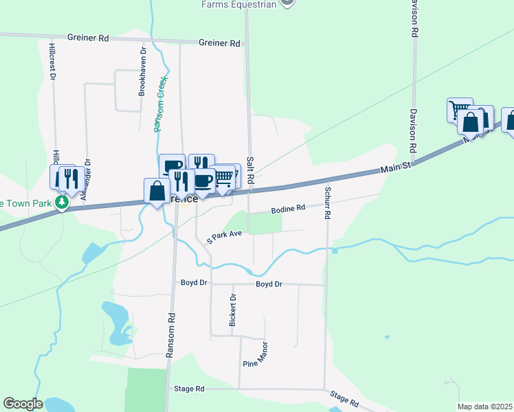 map of restaurants, bars, coffee shops, grocery stores, and more near 10782 Main Street in Clarence