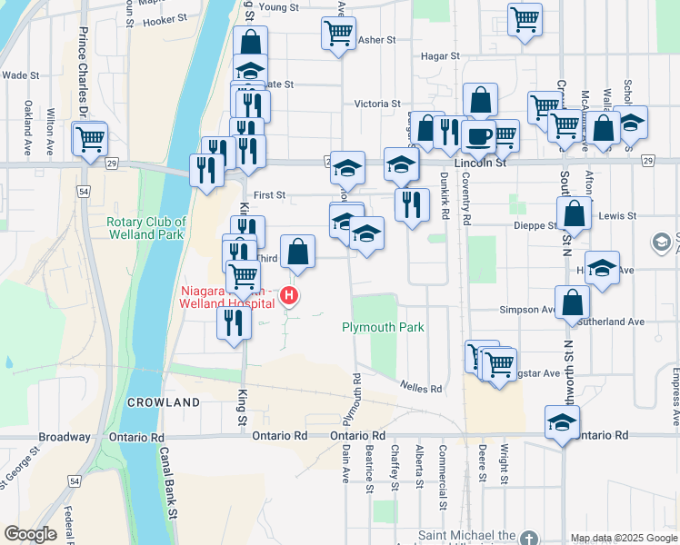 map of restaurants, bars, coffee shops, grocery stores, and more near 115 Plymouth Road in Welland
