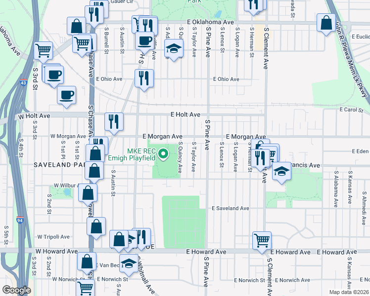 map of restaurants, bars, coffee shops, grocery stores, and more near 3454 South Quincy Avenue in Milwaukee