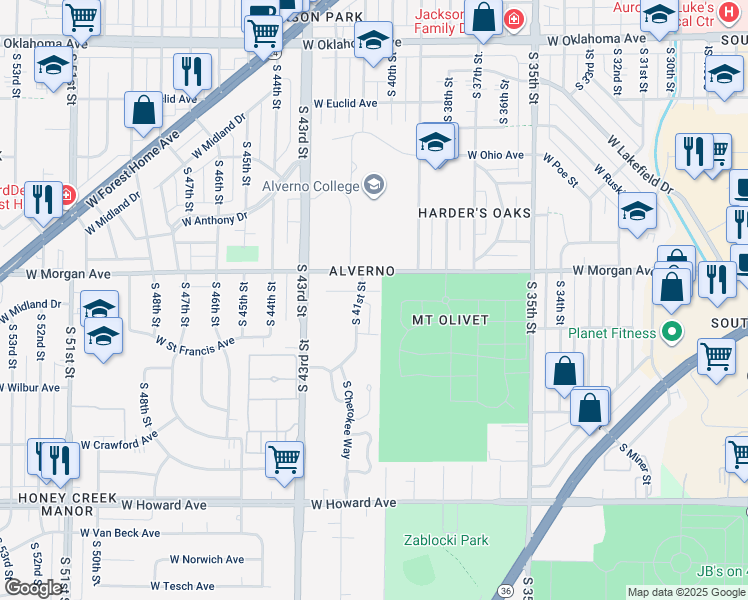 map of restaurants, bars, coffee shops, grocery stores, and more near 4011 West Morgan Avenue in Milwaukee