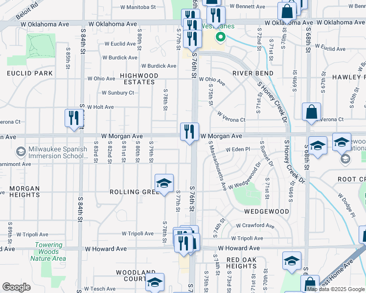 map of restaurants, bars, coffee shops, grocery stores, and more near 7707 West Morgan Avenue in Milwaukee