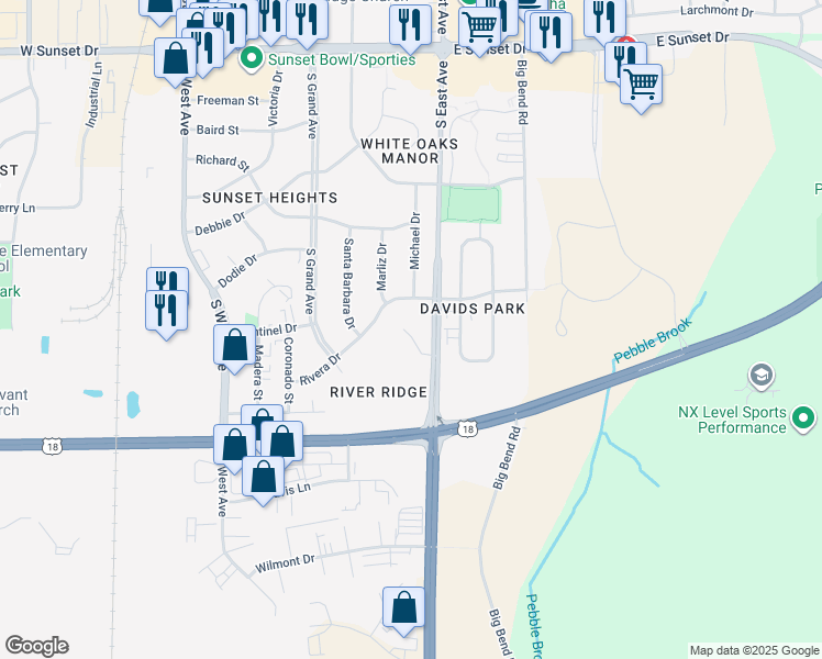 map of restaurants, bars, coffee shops, grocery stores, and more near 2010 South East Avenue in Waukesha