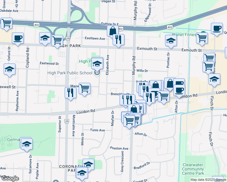 map of restaurants, bars, coffee shops, grocery stores, and more near 1064 Brenchley Street in Sarnia