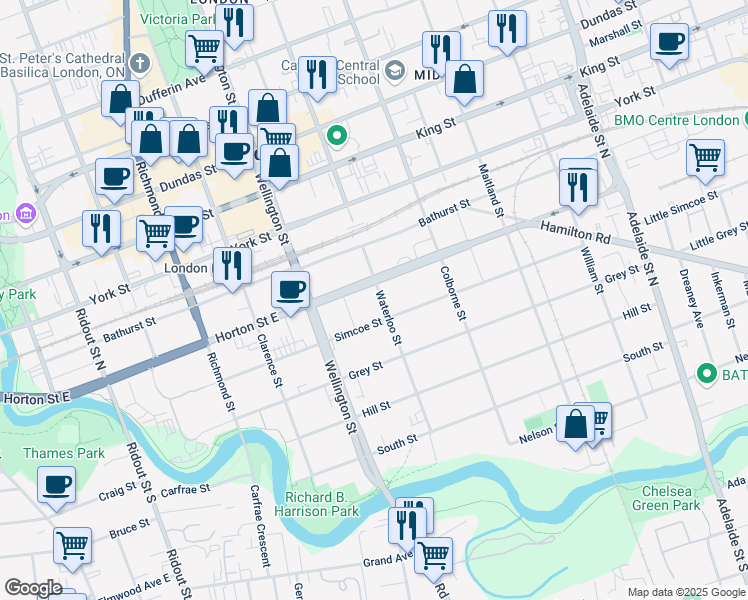 map of restaurants, bars, coffee shops, grocery stores, and more near 229 Waterloo Street in London