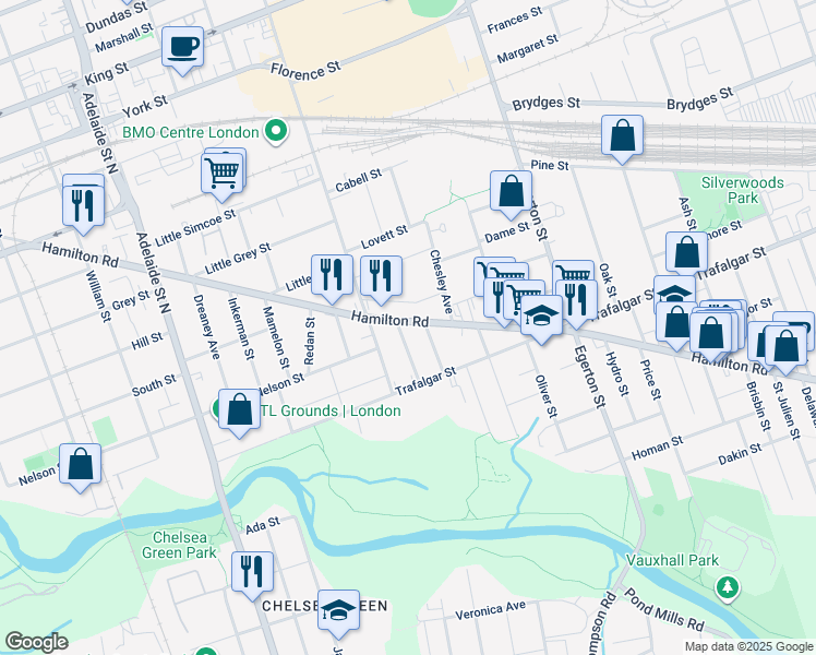 map of restaurants, bars, coffee shops, grocery stores, and more near 449 Hamilton Road in London