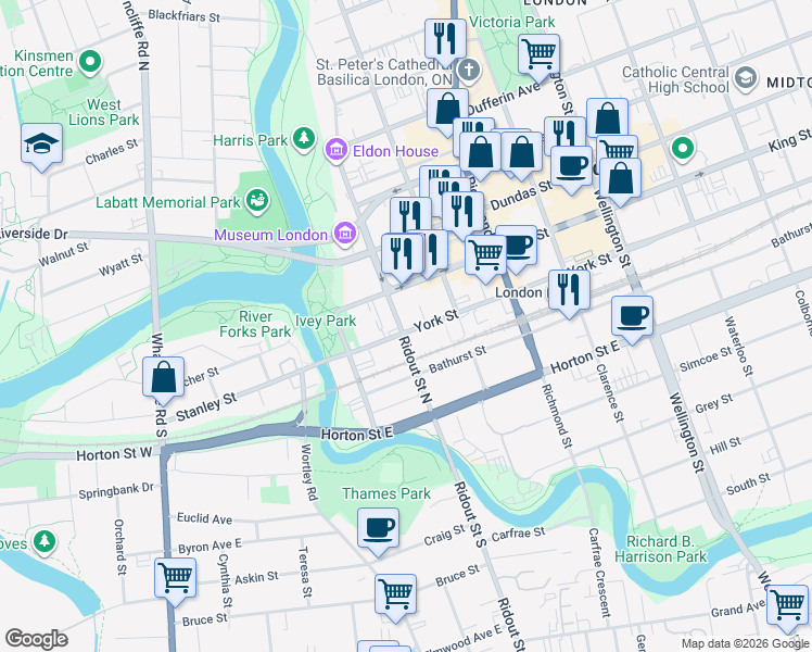 map of restaurants, bars, coffee shops, grocery stores, and more near 330 Ridout Street North in London