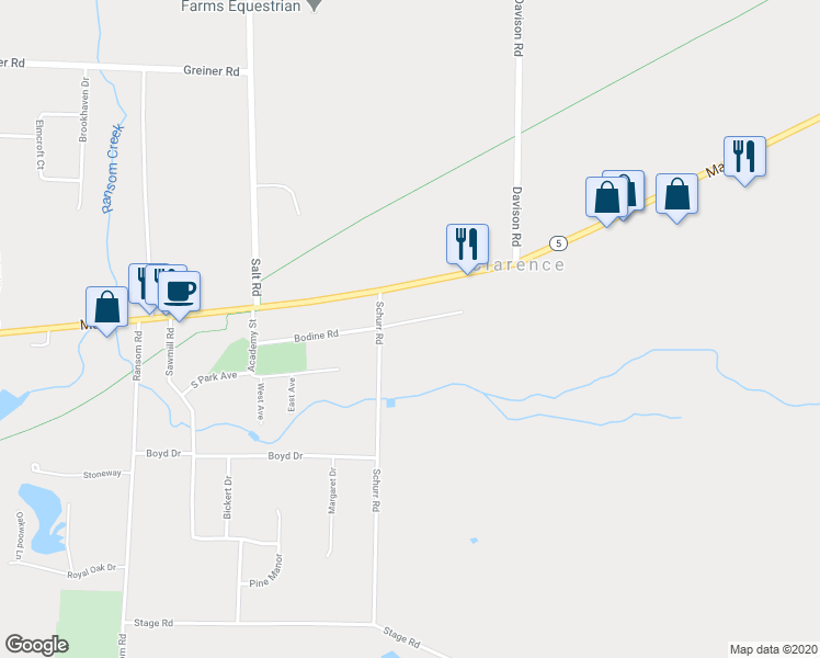 map of restaurants, bars, coffee shops, grocery stores, and more near 10905 Bodine Road in Clarence