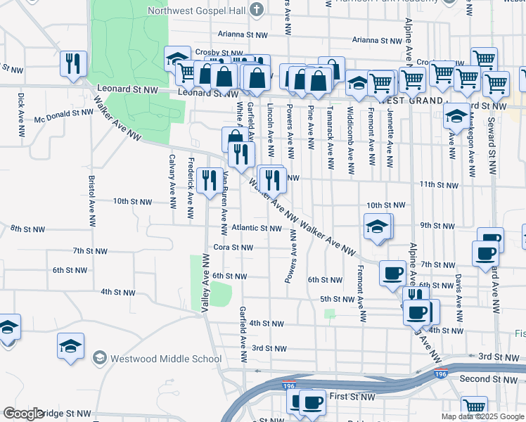 map of restaurants, bars, coffee shops, grocery stores, and more near 1139 Walker Avenue Northwest in Grand Rapids