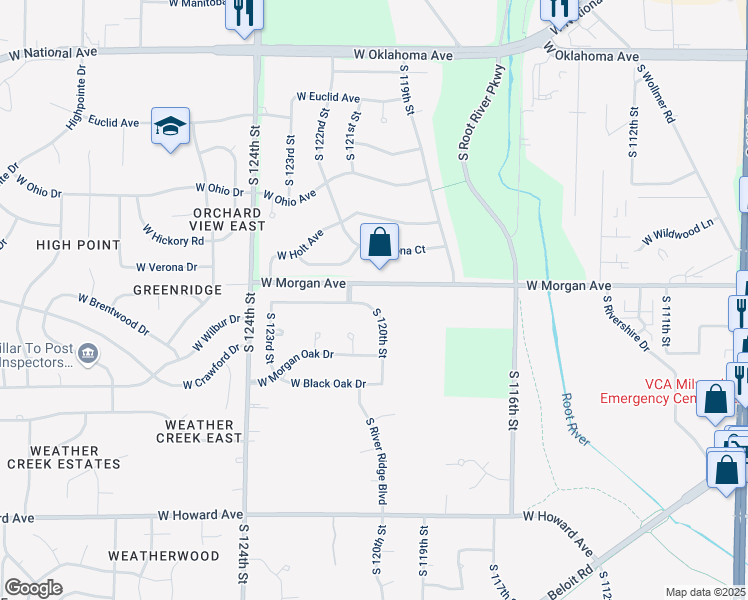 map of restaurants, bars, coffee shops, grocery stores, and more near 12020 West Morgan Avenue in Milwaukee