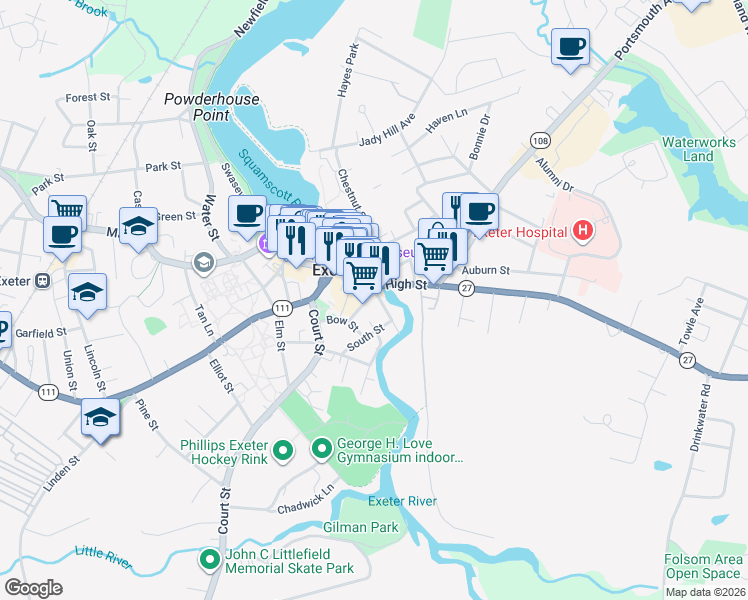 map of restaurants, bars, coffee shops, grocery stores, and more near in Exeter