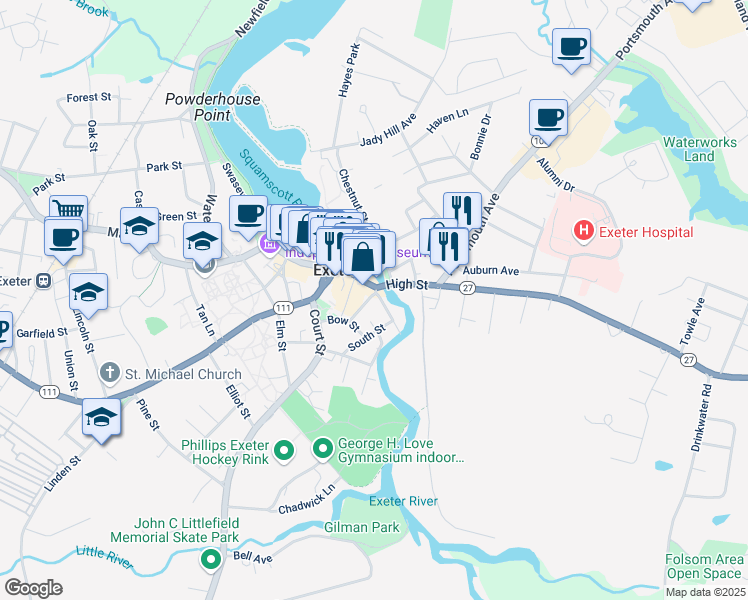 map of restaurants, bars, coffee shops, grocery stores, and more near 6 Franklin Street in Exeter