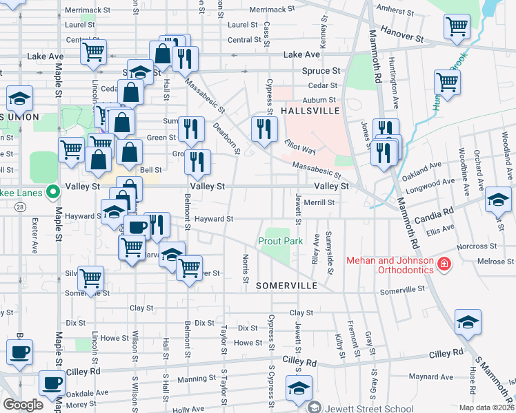 map of restaurants, bars, coffee shops, grocery stores, and more near 887 Valley Street in Manchester