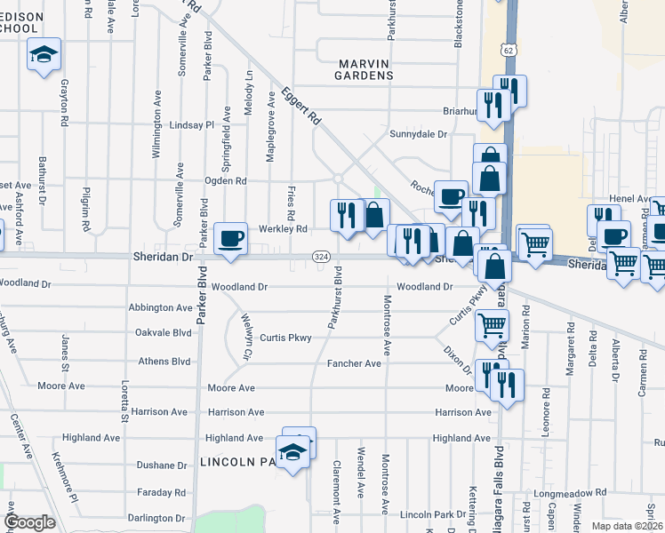map of restaurants, bars, coffee shops, grocery stores, and more near in Erie County