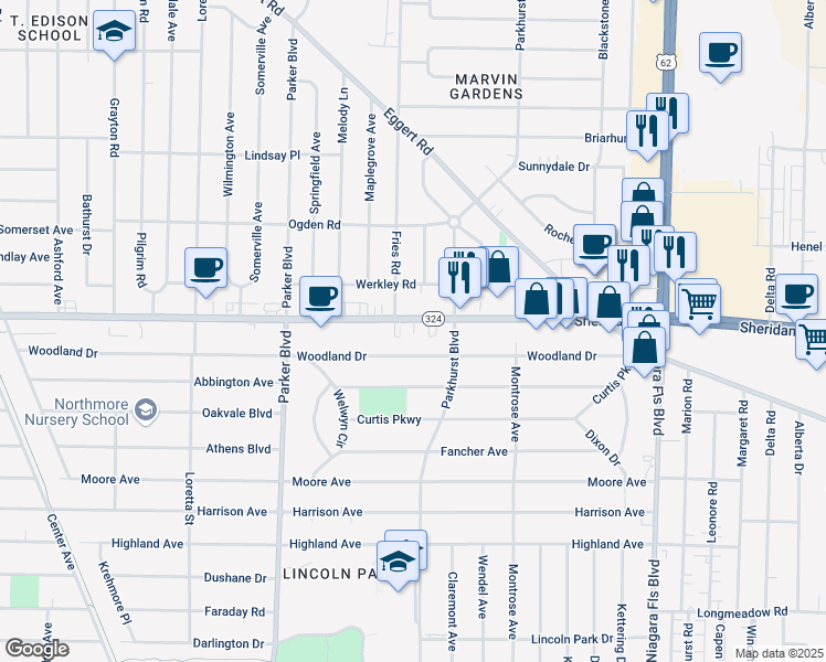 map of restaurants, bars, coffee shops, grocery stores, and more near 2732 Sheridan Drive in Tonawanda