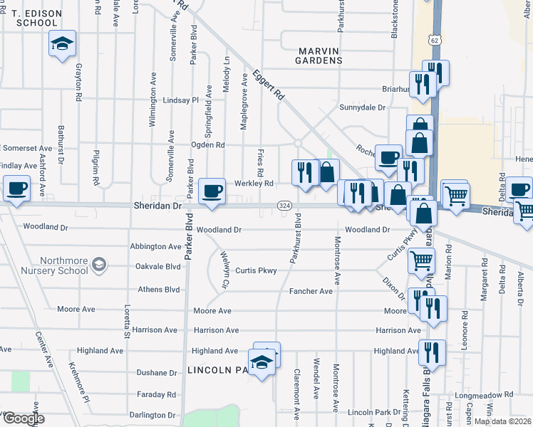 map of restaurants, bars, coffee shops, grocery stores, and more near 2732 Sheridan Drive in Tonawanda