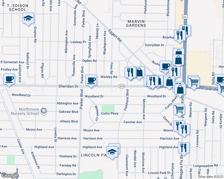 map of restaurants, bars, coffee shops, grocery stores, and more near 2732 Sheridan Drive in Tonawanda