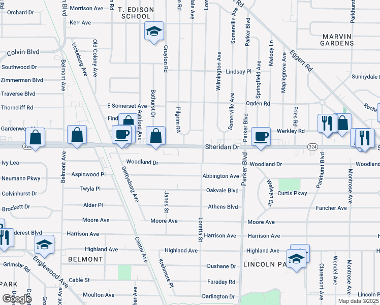 map of restaurants, bars, coffee shops, grocery stores, and more near 2494 Sheridan Drive in Tonawanda