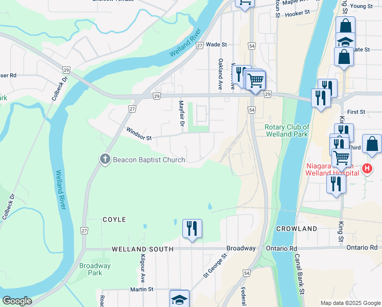 map of restaurants, bars, coffee shops, grocery stores, and more near in Welland