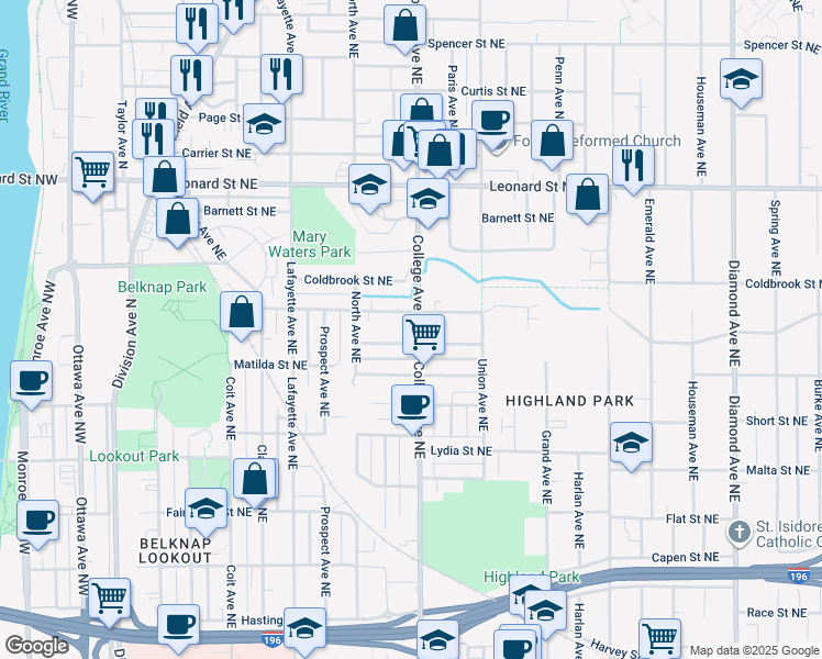 map of restaurants, bars, coffee shops, grocery stores, and more near 451 Cedar Street Northeast in Grand Rapids