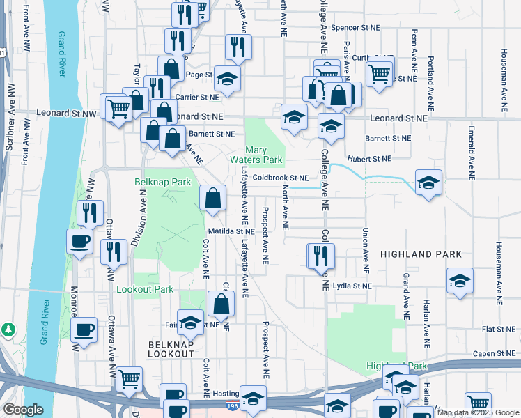 map of restaurants, bars, coffee shops, grocery stores, and more near 342 Cedar Street Northeast in Grand Rapids