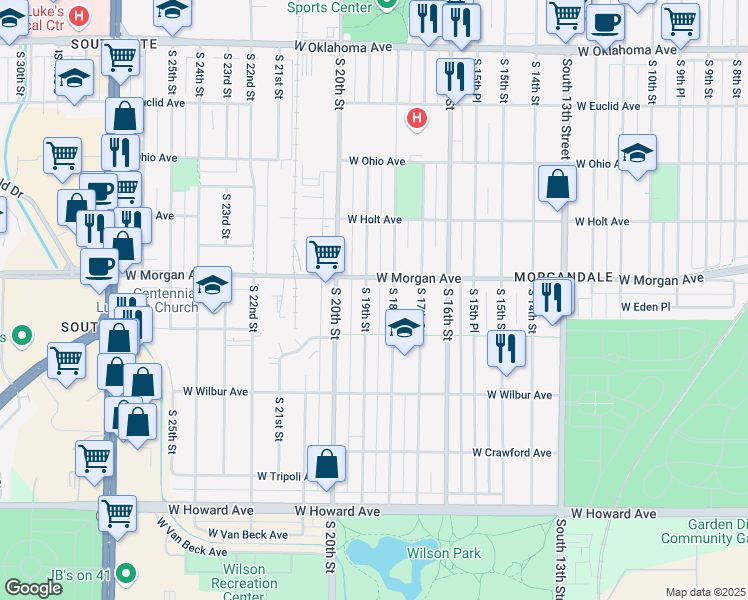 map of restaurants, bars, coffee shops, grocery stores, and more near 1901 West Morgan Avenue in Milwaukee