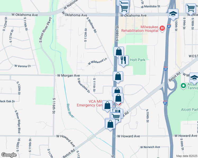 map of restaurants, bars, coffee shops, grocery stores, and more near 3467 South 110th Street in West Allis