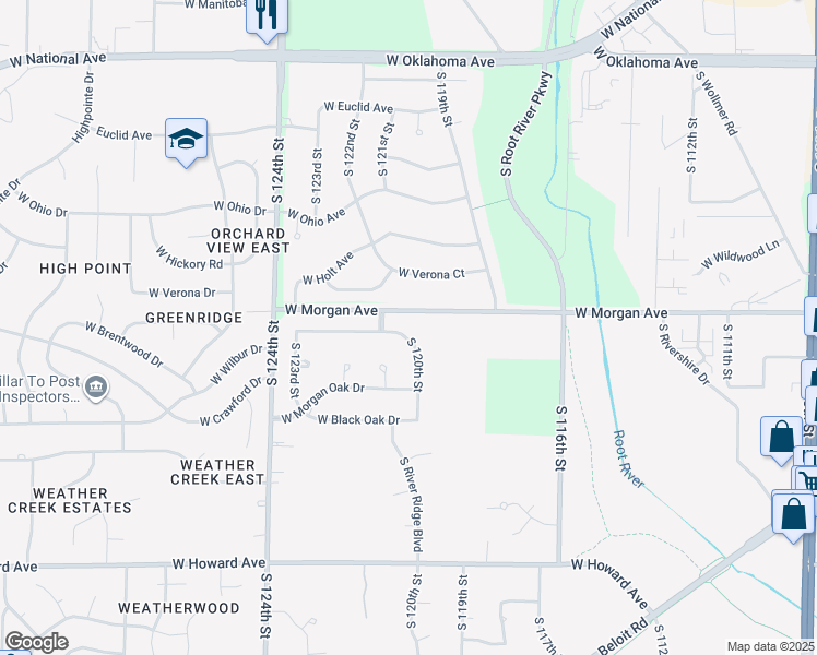 map of restaurants, bars, coffee shops, grocery stores, and more near 12020 West Morgan Avenue in Milwaukee