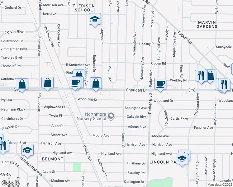 map of restaurants, bars, coffee shops, grocery stores, and more near 2494 Sheridan Drive in Tonawanda