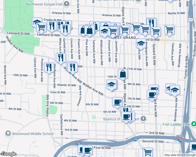 map of restaurants, bars, coffee shops, grocery stores, and more near 926 10th Street Northwest in Grand Rapids