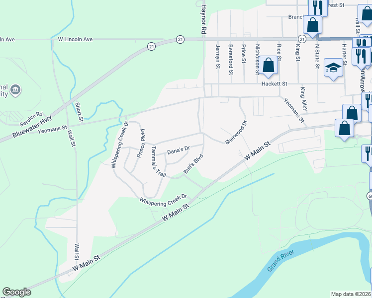 map of restaurants, bars, coffee shops, grocery stores, and more near 38 Tammie's Trail in Ionia