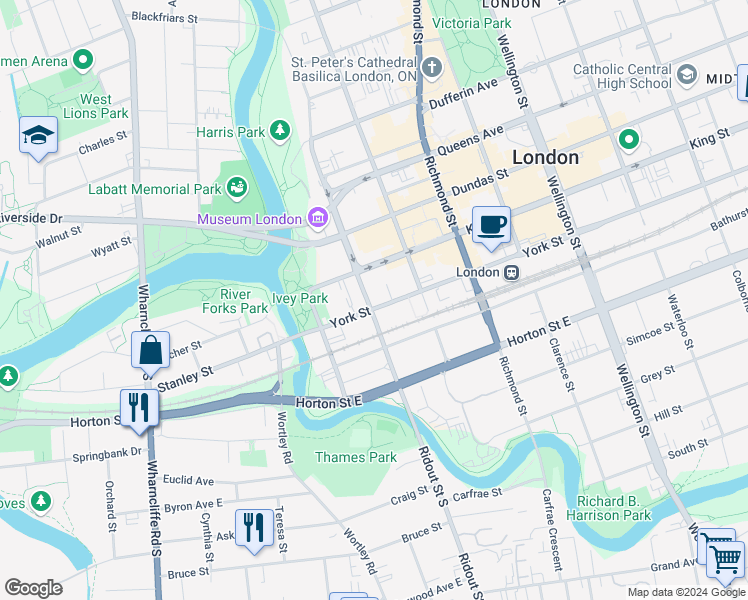 map of restaurants, bars, coffee shops, grocery stores, and more near 73 York Street in London