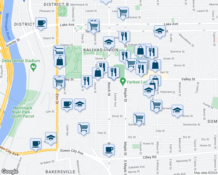 map of restaurants, bars, coffee shops, grocery stores, and more near 218 Beech Street in Manchester