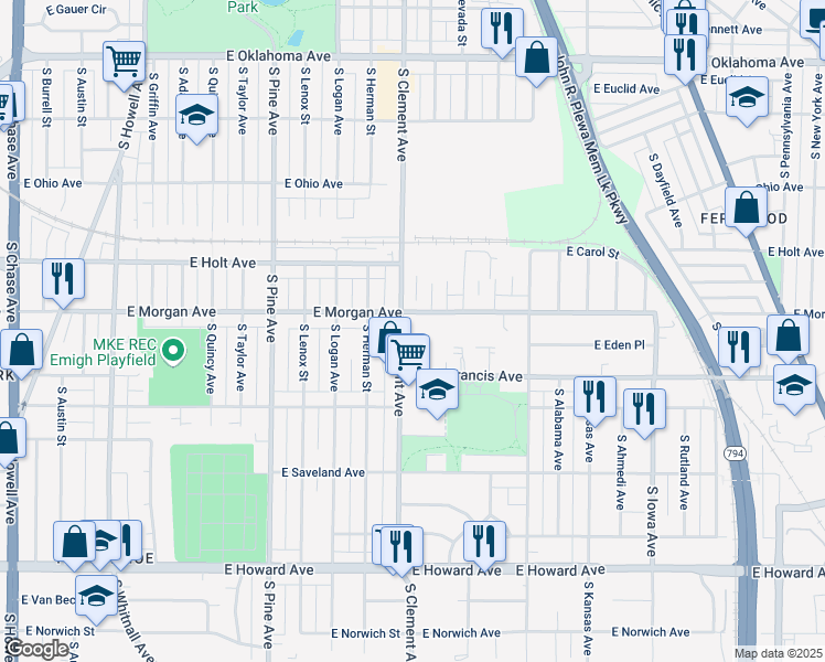 map of restaurants, bars, coffee shops, grocery stores, and more near 3500 South Clement Avenue in Milwaukee