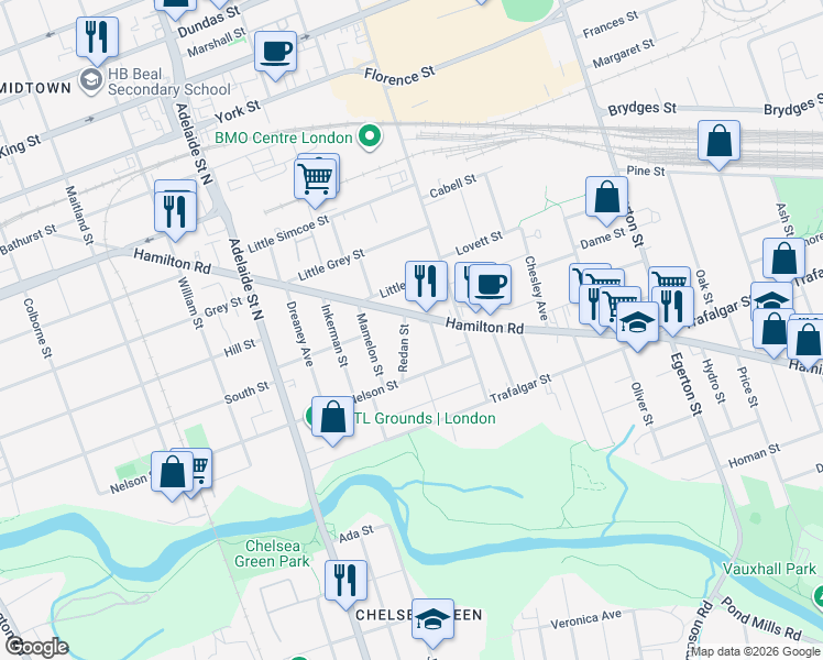map of restaurants, bars, coffee shops, grocery stores, and more near 28 Redan Street in London